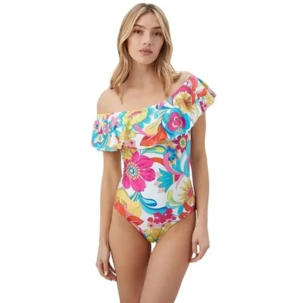 Trina Turk Fontaine Off The Shoulder One Piece Swimsuit Ruffle Shoulder Size 10